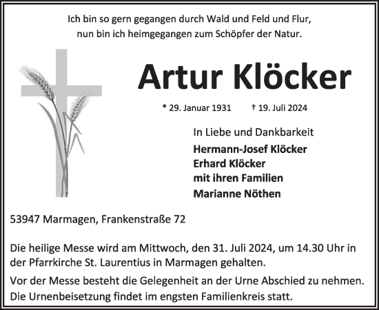 Traueranzeige von Artur Klöcker von WochenSpiegel