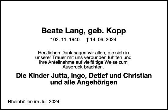 Traueranzeige von Beate Lang von WochenSpiegel