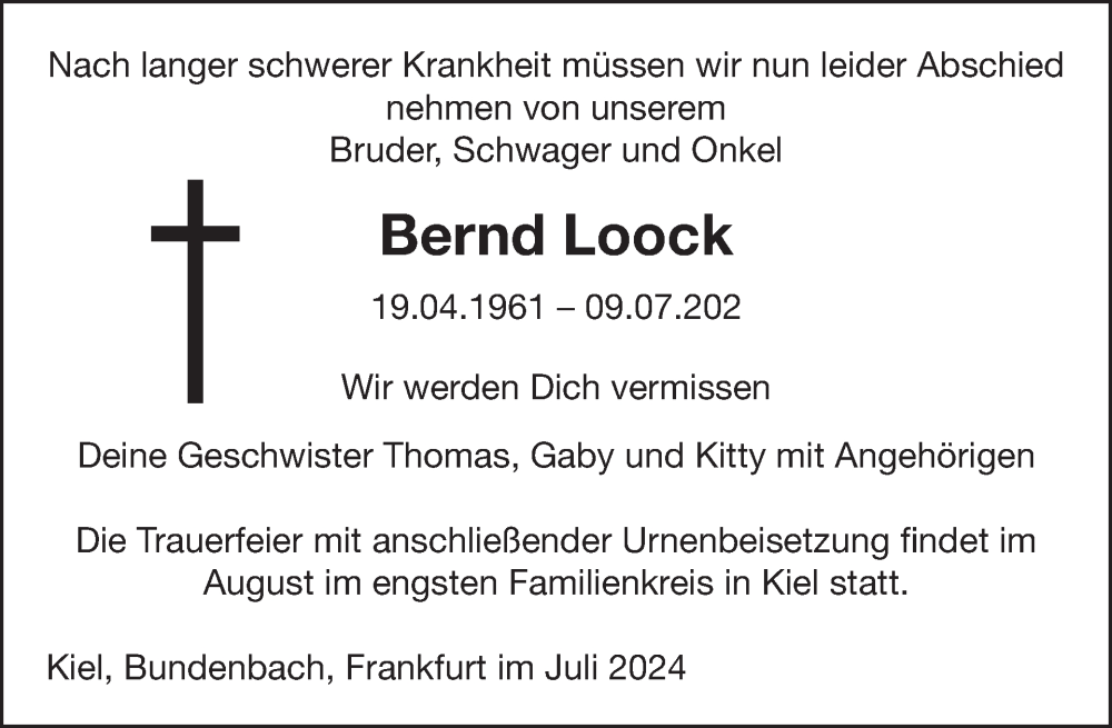 Traueranzeige für Bernd Loock vom 20.07.2024 aus WochenSpiegel