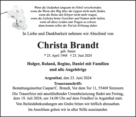 Traueranzeige von Christa Brandt von WochenSpiegel