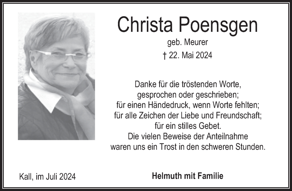 Traueranzeige für Christa Poensgen vom 10.07.2024 aus WochenSpiegel