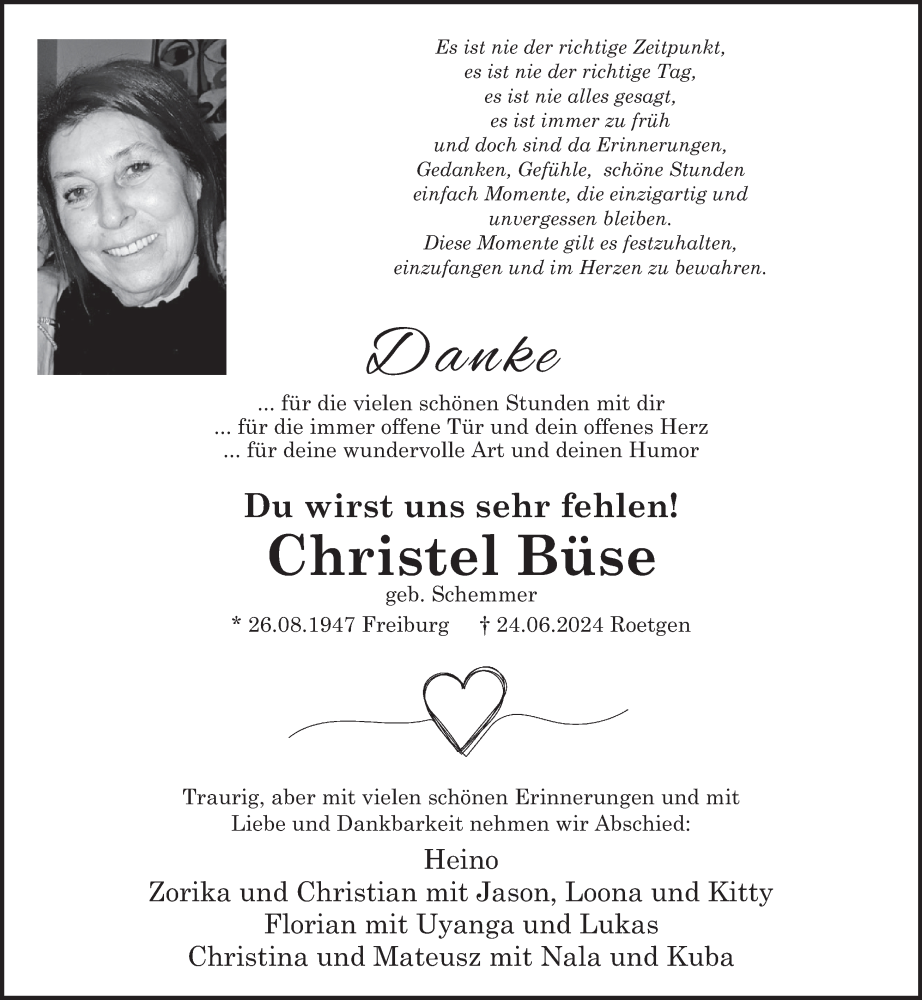  Traueranzeige für Christel Büse vom 30.06.2024 aus WochenSpiegel