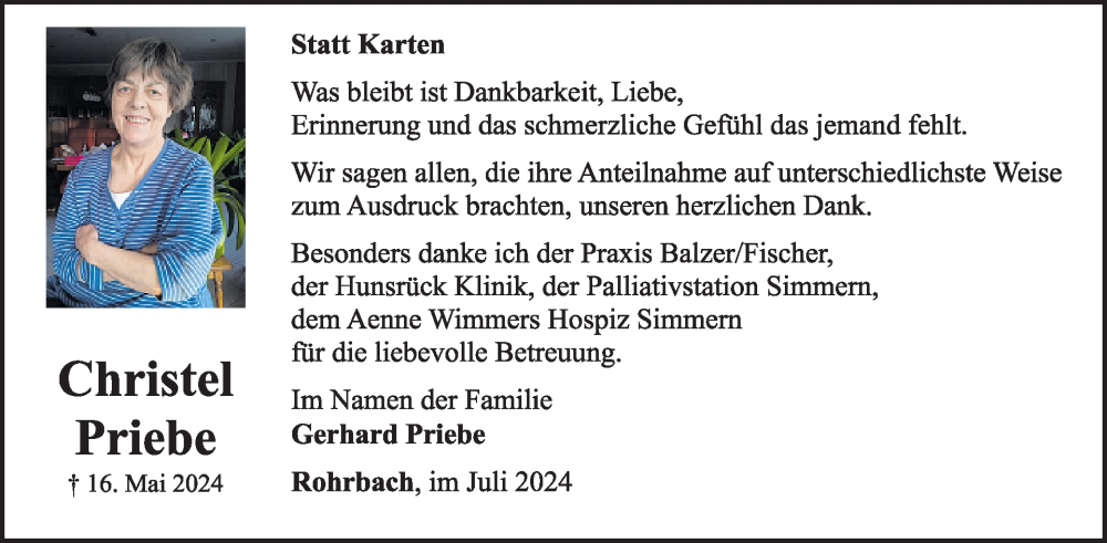  Traueranzeige für Christel Priebe vom 13.07.2024 aus WochenSpiegel