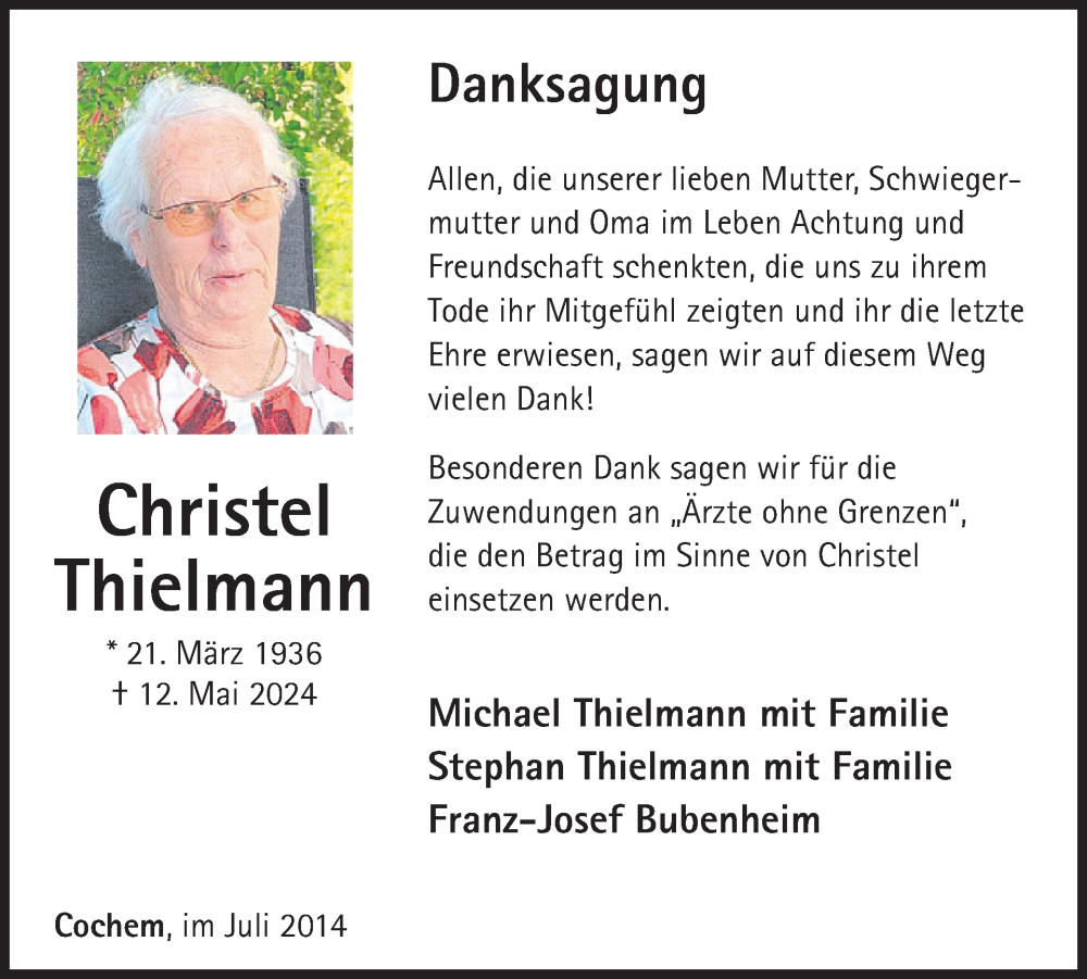  Traueranzeige für Christel Thielmann vom 03.07.2024 aus WochenSpiegel