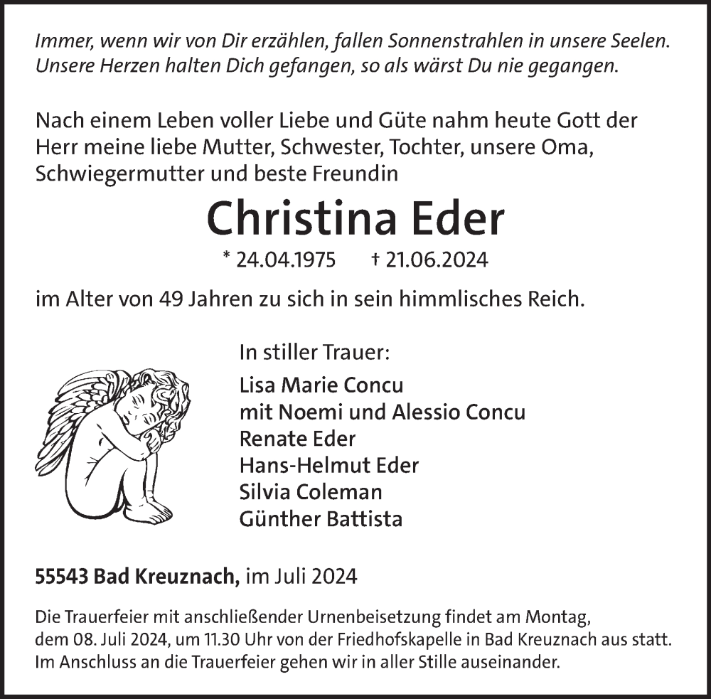  Traueranzeige für Christina Eder vom 06.07.2024 aus WochenSpiegel