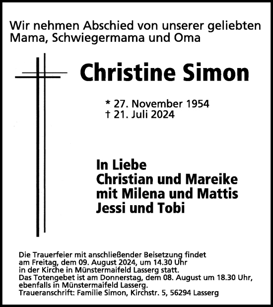 Traueranzeige von Christine Simon von WochenSpiegel