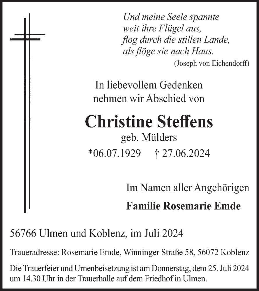  Traueranzeige für Christine Steffens vom 17.07.2024 aus WochenSpiegel