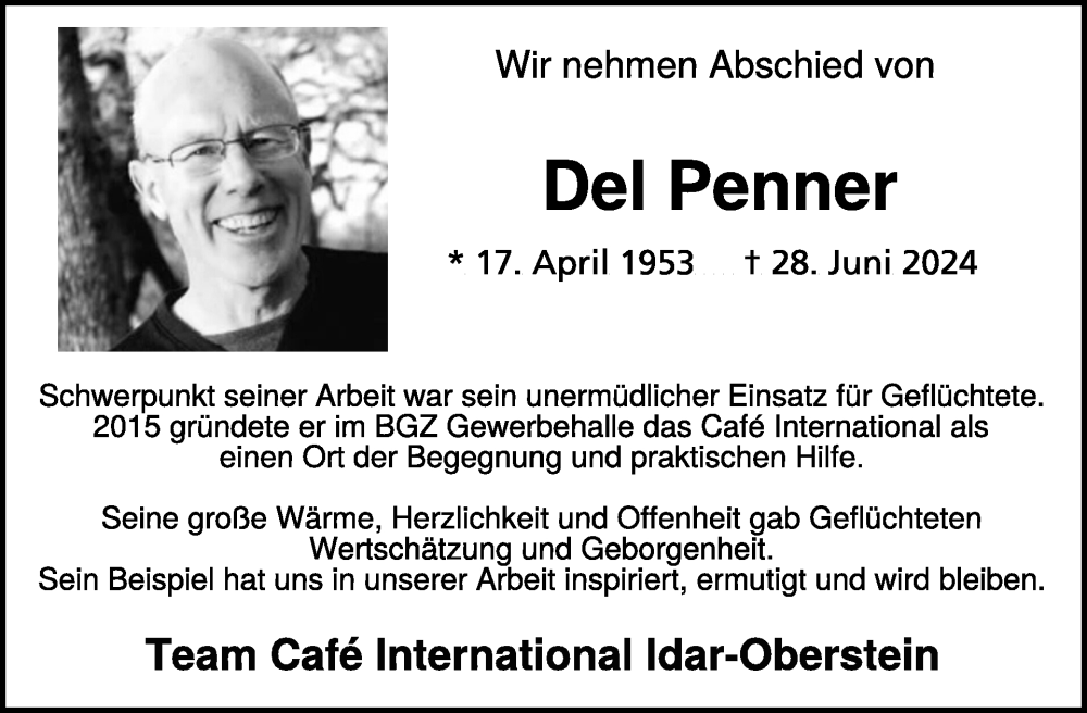 Traueranzeige für Del Penner vom 20.07.2024 aus WochenSpiegel