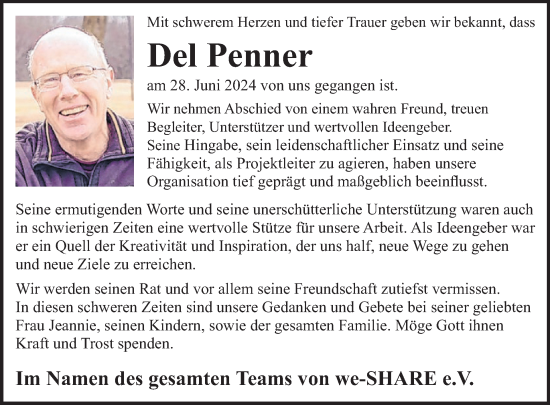 Traueranzeige von Del Penner von WochenSpiegel
