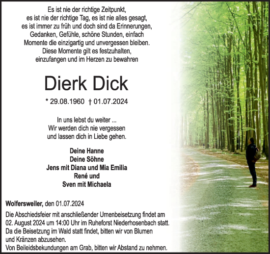 Traueranzeige von Dierk Dick von WochenSpiegel