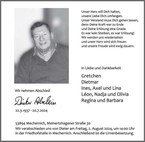 Traueranzeige von Dieter Abelein von WochenSpiegel