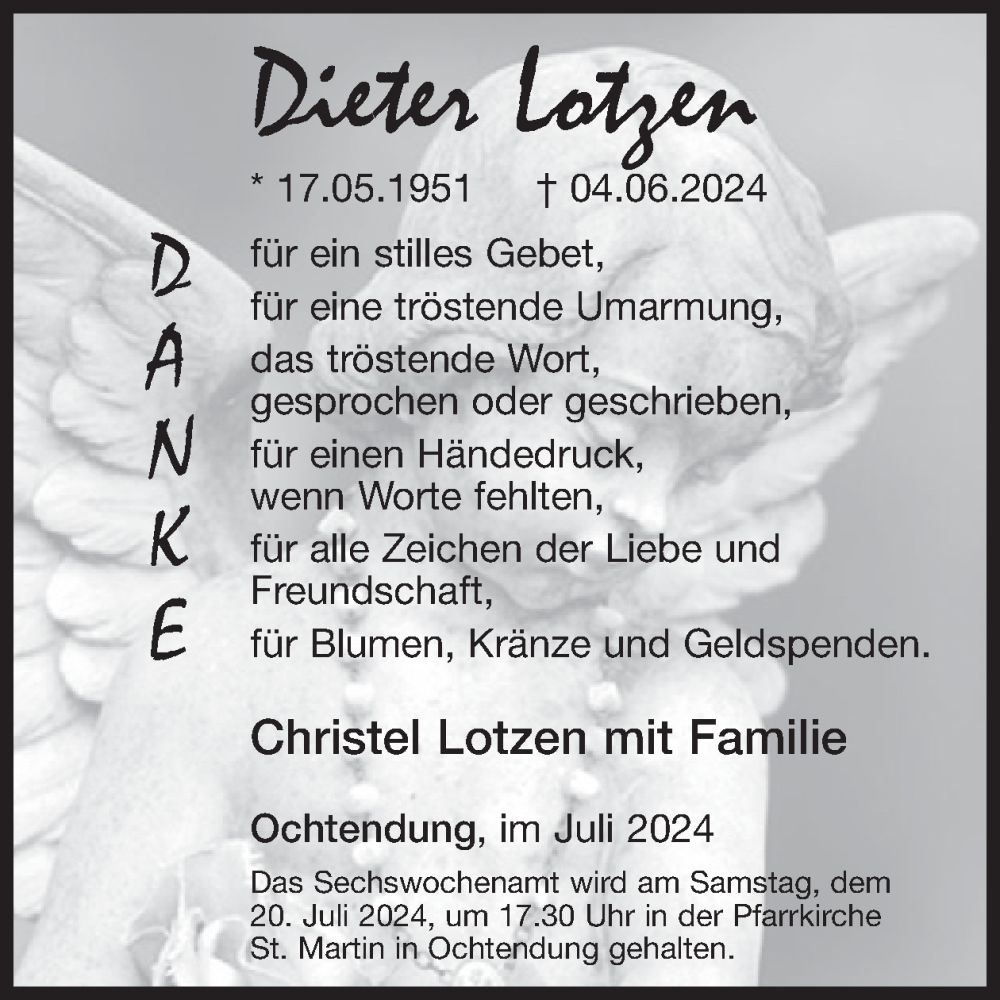  Traueranzeige für Dieter Lotzen vom 03.07.2024 aus WochenSpiegel