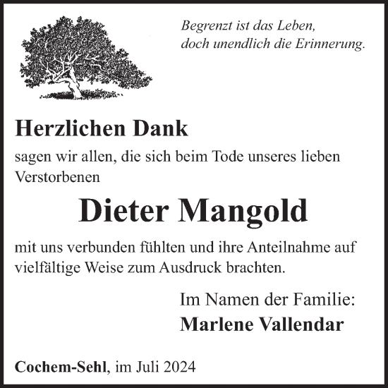 Traueranzeige von Dieter Mangold von WochenSpiegel