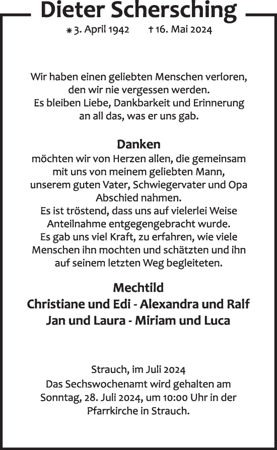 Traueranzeige von Dieter Schersching von WochenSpiegel