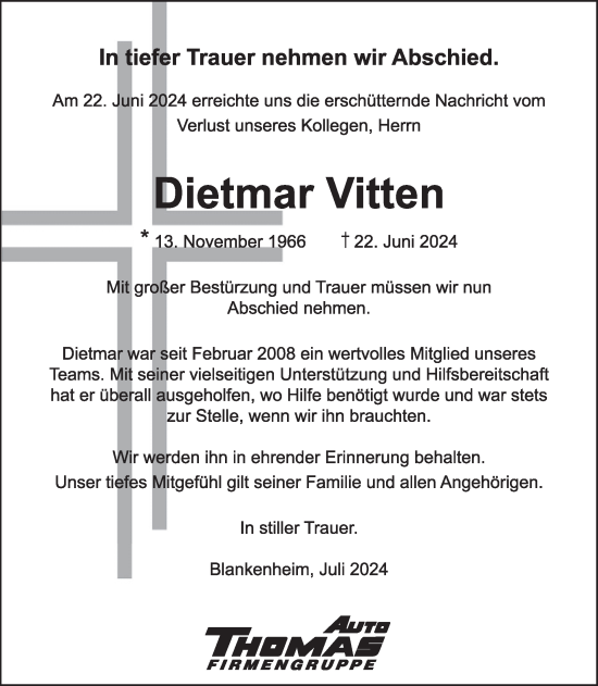 Traueranzeige von Dietmar Vitten von WochenSpiegel