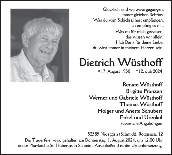 Traueranzeige von Dietrich Wüsthoff von WochenSpiegel
