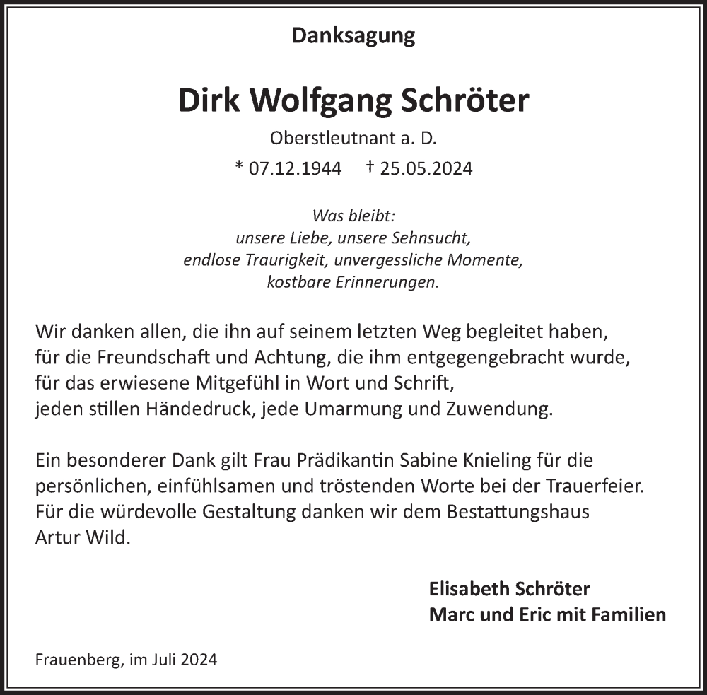  Traueranzeige für Dirk Wolfgang Schröter vom 20.07.2024 aus WochenSpiegel
