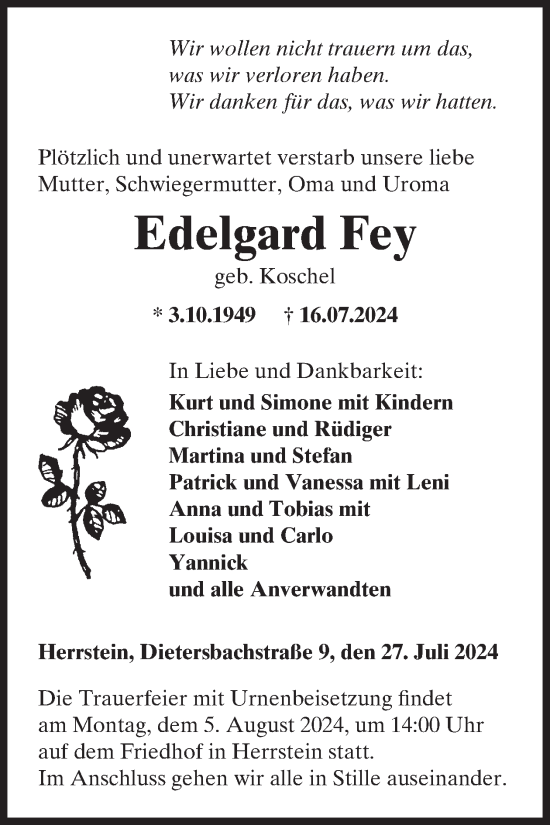 Traueranzeige von Edelgard Fey von WochenSpiegel