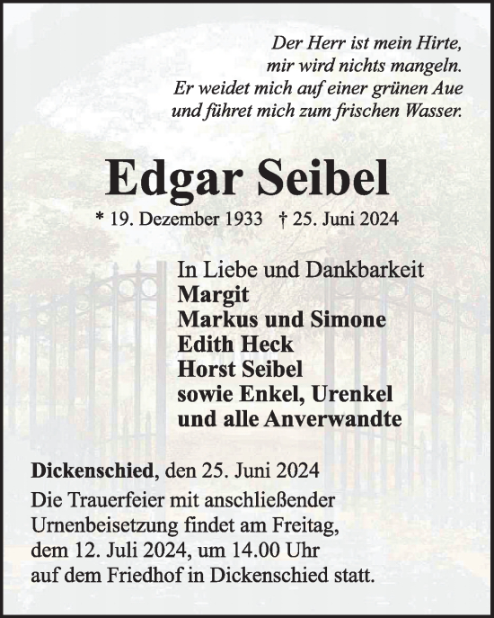 Traueranzeige von Edgar Seibel von WochenSpiegel