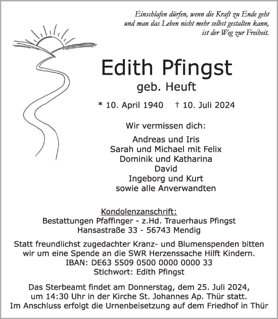 Traueranzeige von Edith Pfingst von WochenSpiegel