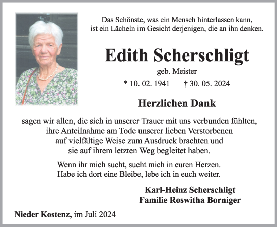 Traueranzeige von Edith Scherschligt von WochenSpiegel