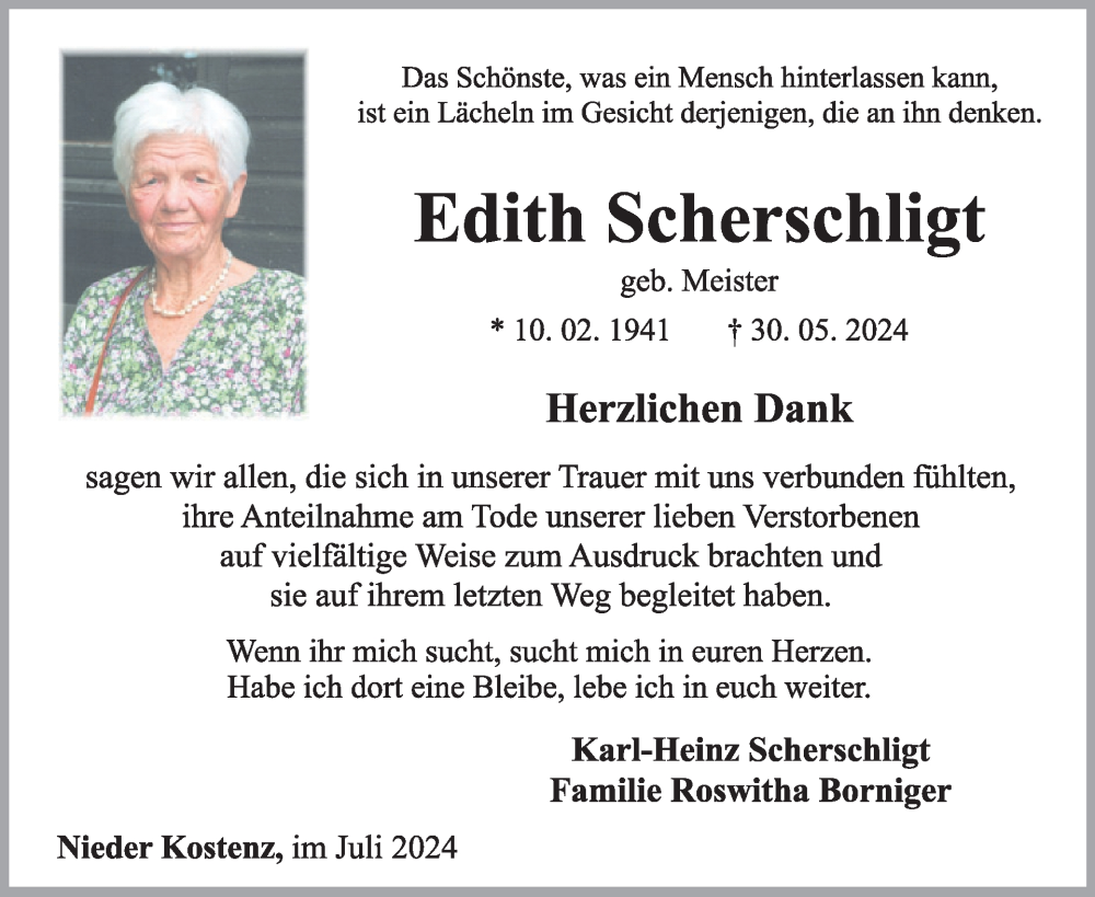  Traueranzeige für Edith Scherschligt vom 20.07.2024 aus WochenSpiegel