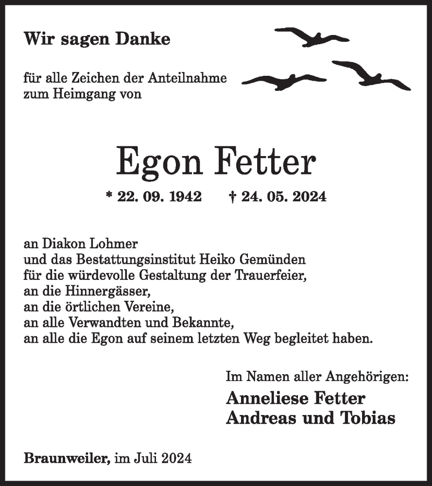  Traueranzeige für Egon Fetter vom 27.07.2024 aus WochenSpiegel