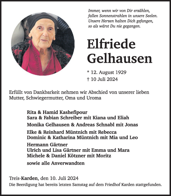 Traueranzeige von Elfriede Gelhausen von WochenSpiegel