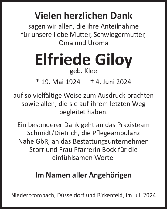 Traueranzeige von Elfriede Giloy von WochenSpiegel