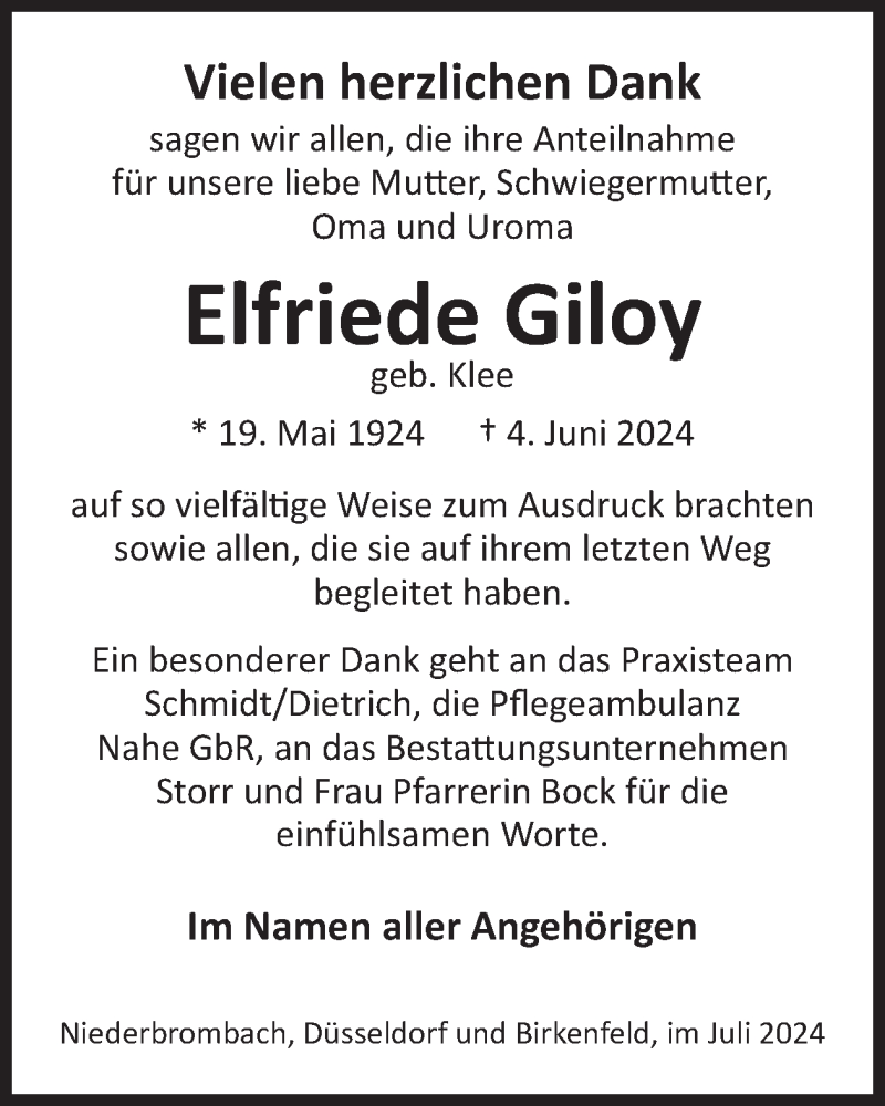 Traueranzeige für Elfriede Giloy vom 27.07.2024 aus WochenSpiegel