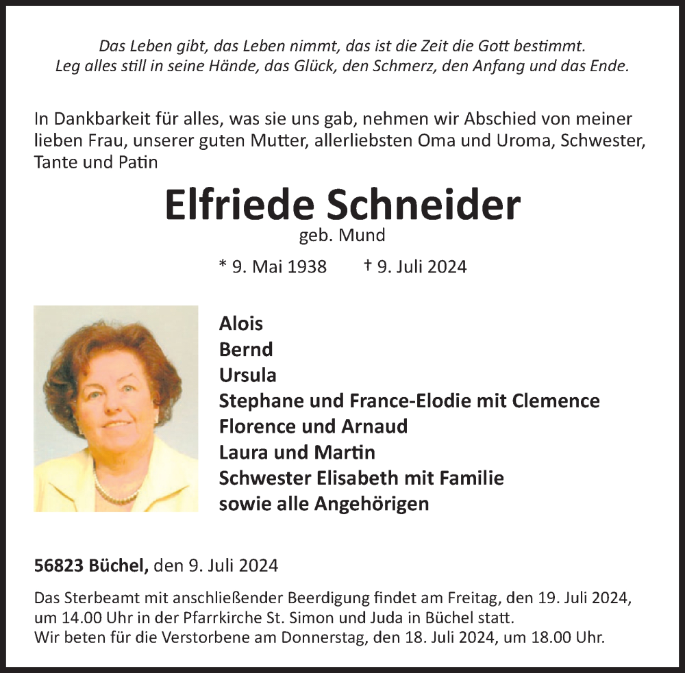  Traueranzeige für Elfriede Schneider vom 17.07.2024 aus WochenSpiegel