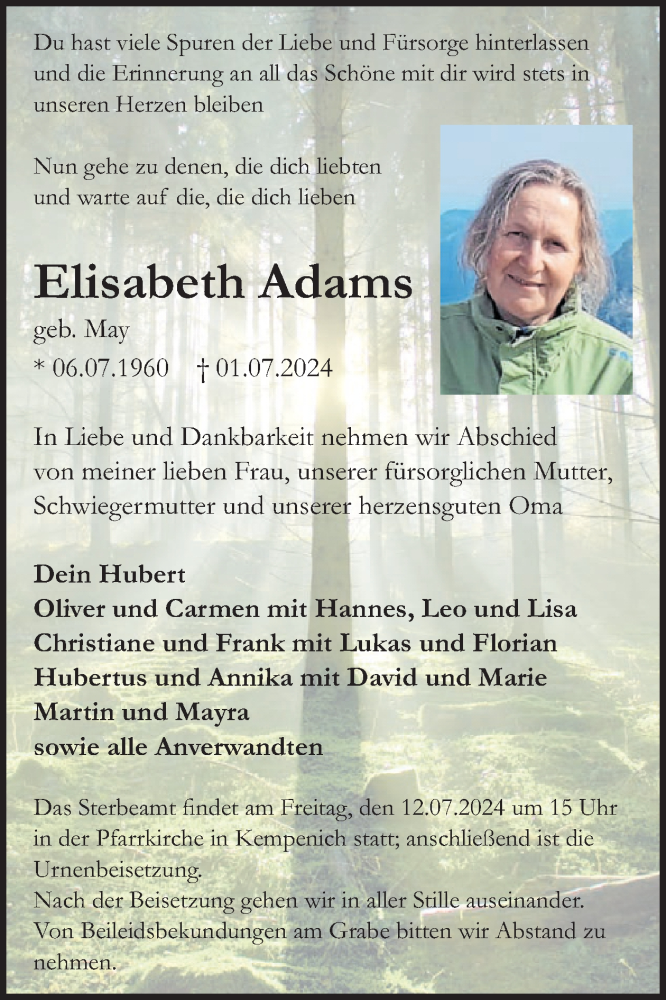  Traueranzeige für Elisabeth Adams vom 10.07.2024 aus WochenSpiegel