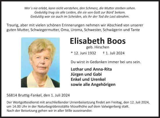 Traueranzeige von Elisabeth Boos von WochenSpiegel