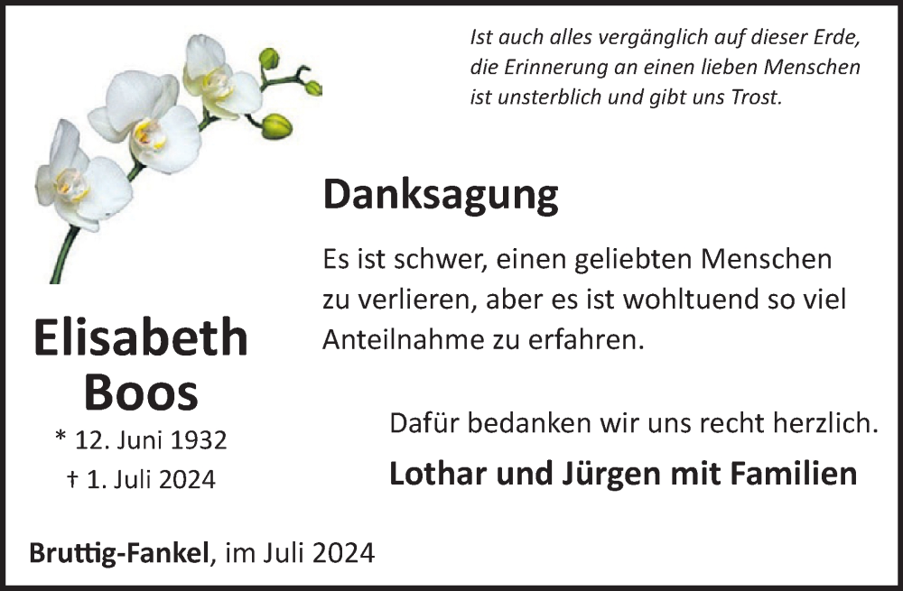  Traueranzeige für Elisabeth Boos vom 31.07.2024 aus WochenSpiegel