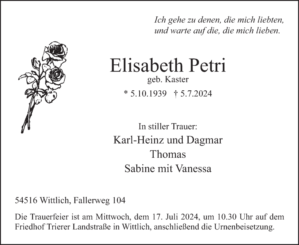  Traueranzeige für Elisabeth Petri vom 12.07.2024 aus WochenSpiegel