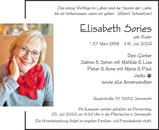 Traueranzeige von Elisabeth Sories  von WochenSpiegel