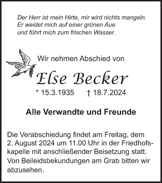 Traueranzeige von Else Becker von WochenSpiegel