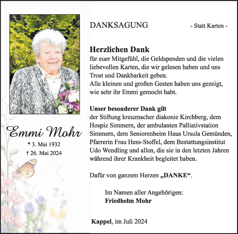  Traueranzeige für Emmi Mohr vom 13.07.2024 aus WochenSpiegel