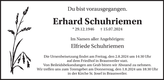 Traueranzeige von Erhard Schuhriemen von WochenSpiegel