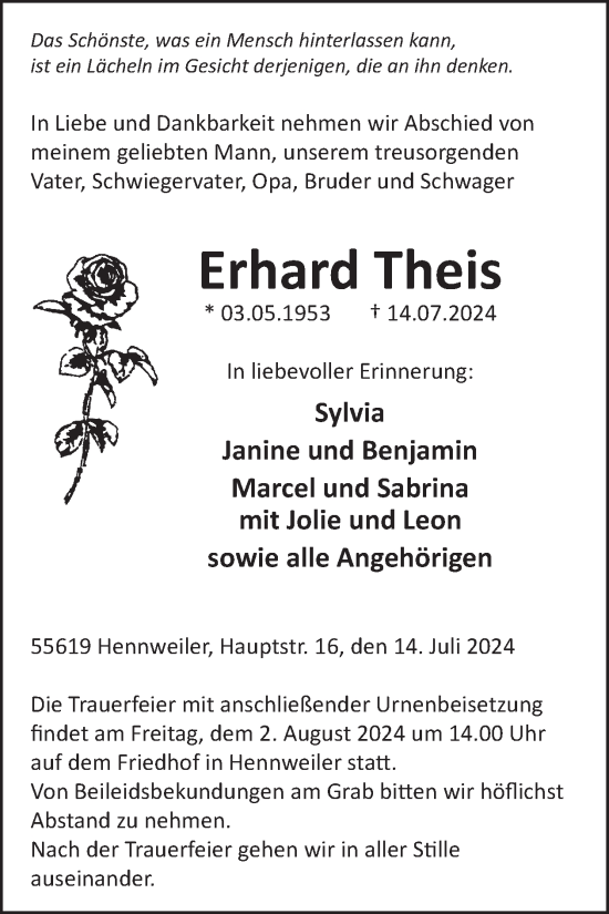 Traueranzeige von Erhard Theis von WochenSpiegel