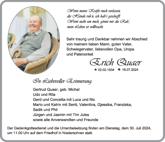Traueranzeige von Erich Quaer von WochenSpiegel