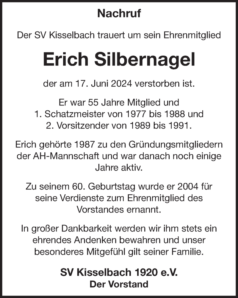  Traueranzeige für Erich Silbernagel vom 13.07.2024 aus WochenSpiegel
