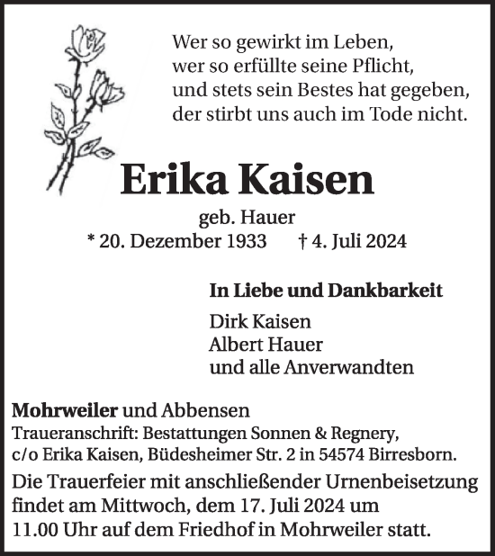 Traueranzeige von Erika Kaisen von WochenSpiegel