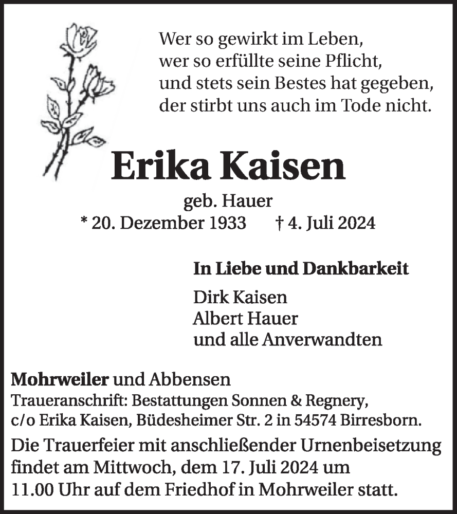  Traueranzeige für Erika Kaisen vom 12.07.2024 aus WochenSpiegel