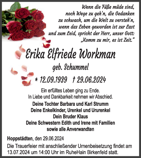 Traueranzeige von Erika Elfriede Workman von WochenSpiegel
