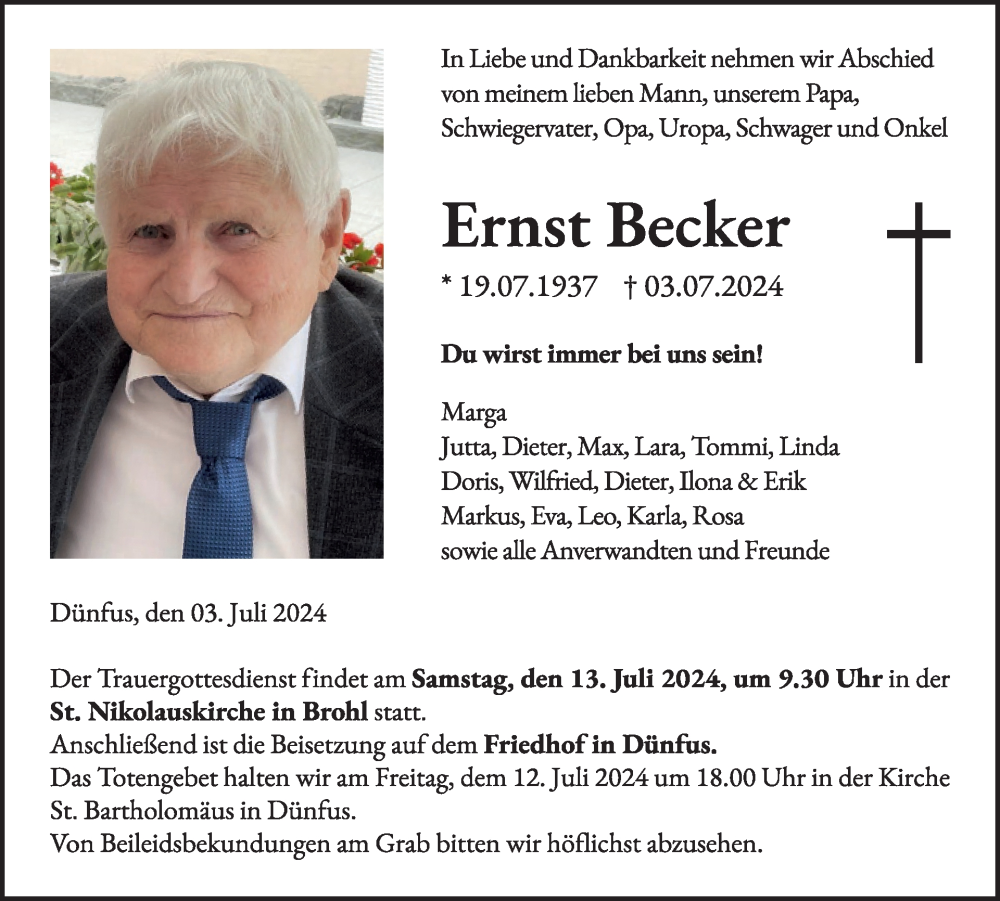 Traueranzeige für Ernst Becker vom 10.07.2024 aus WochenSpiegel