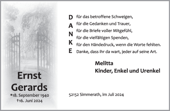 Traueranzeige von Ernst Gerards von WochenSpiegel