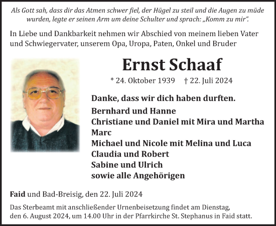 Traueranzeige von Ernst Schaaf von WochenSpiegel