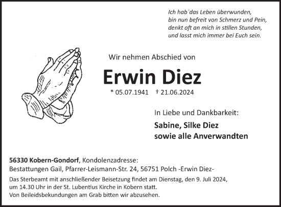 Traueranzeige von Erwin Diez von WochenSpiegel