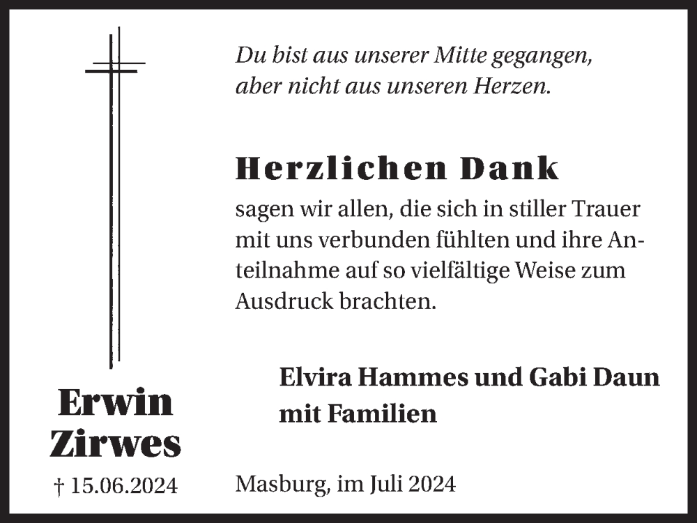  Traueranzeige für Erwin Zirwes vom 31.07.2024 aus WochenSpiegel